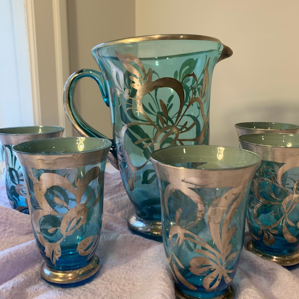 Vintage Venetian (?) glass pitcher and glasses